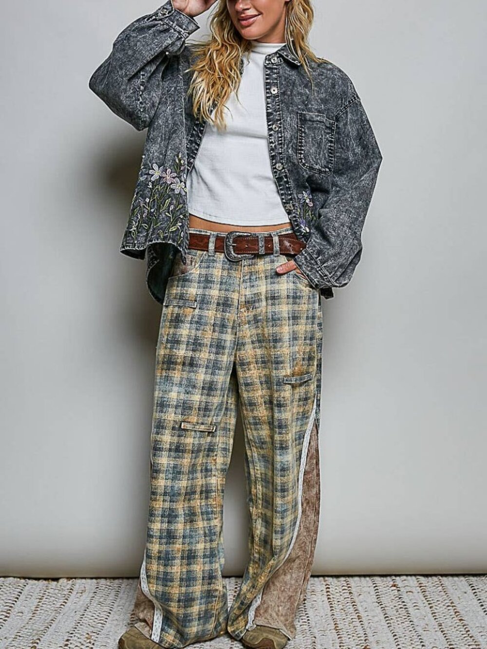 BNWT POL Vintage Thermal Patch Print Twill High Rise Wide Leg Pants